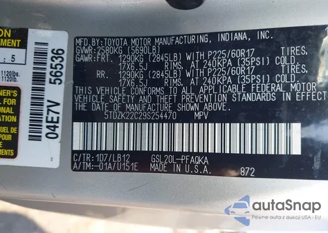 2009 Toyota Sienna Xle из США, поврежденный, VIN 5TDZK22C29S254470